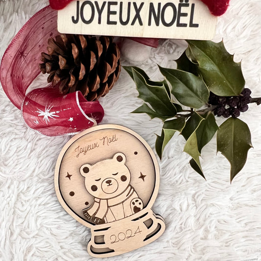 Boule de Noël personnalisée bois - Cerf Lapin Pinguin Ourson